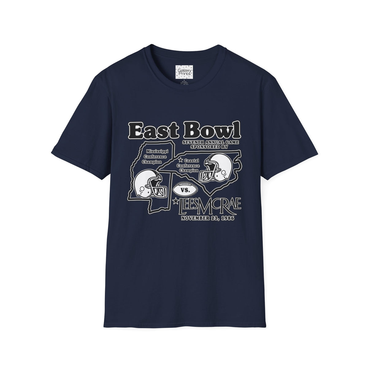 1986 East Bowl Vintage Football T-Shirt — With Game Day Ticket on back - Retro Game Day Tee (East Bowl, Lees McRae)