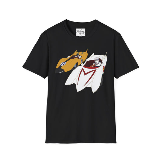 Unisex T-Shirt - POP Culture - 'The MACH 5 and Racer X from the Cartoon SPEED RACER - Go Speed Racer, Go Speed Racer, Go Speed Racer, Goooo'