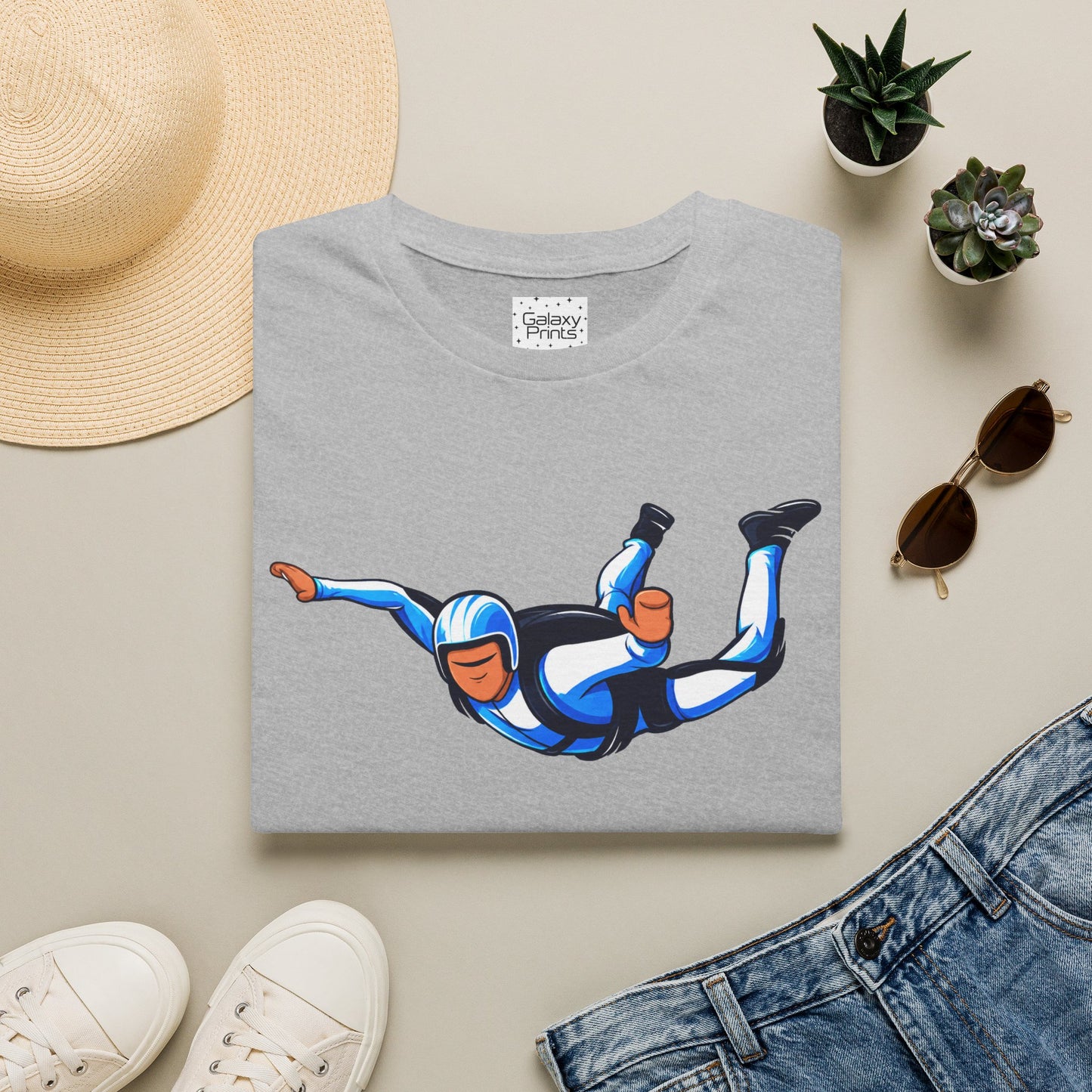 Skydiver Graphic T-Shirt — Blue Freefall Parachute Design