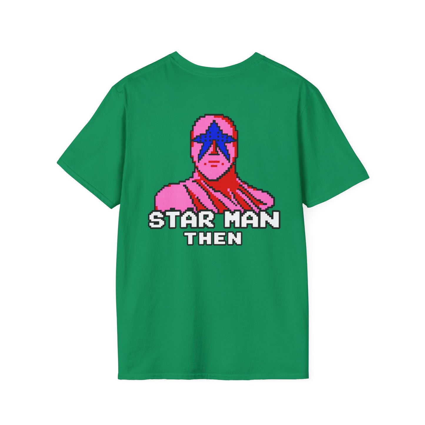 STAR MAN Nin Wrestling video game "NOW" and "THEN" T-Shirt — Retro Pop Hero Graphic Tee - Nin Wrestler STAR MAN video game - Current Culture