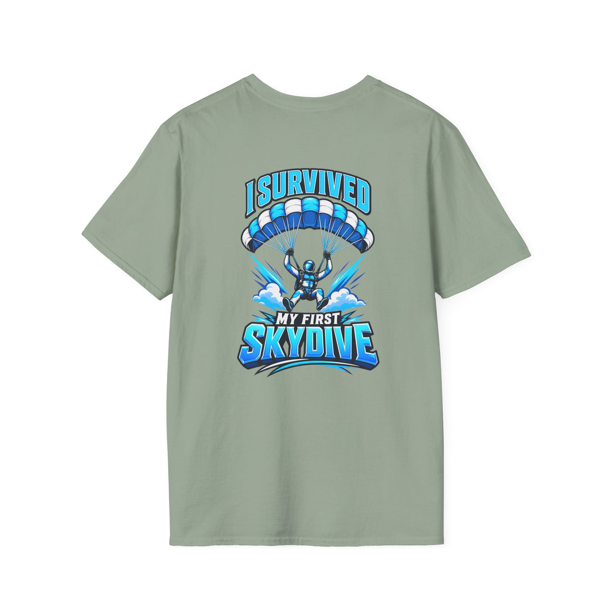 Skydiver Graphic T-Shirt — Blue Wingsuit Freefall Tee - I Survived on the back