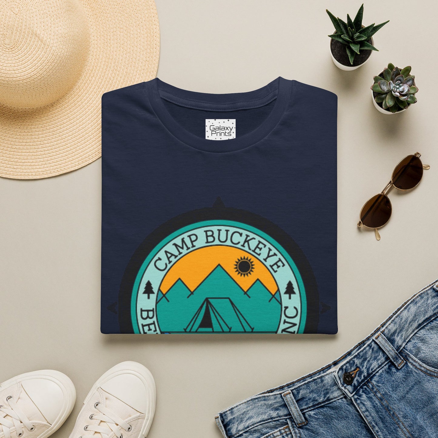 Camp Buckeye Beach Mountains T-Shirt — Vintage Outdoor Camping Badge Tee