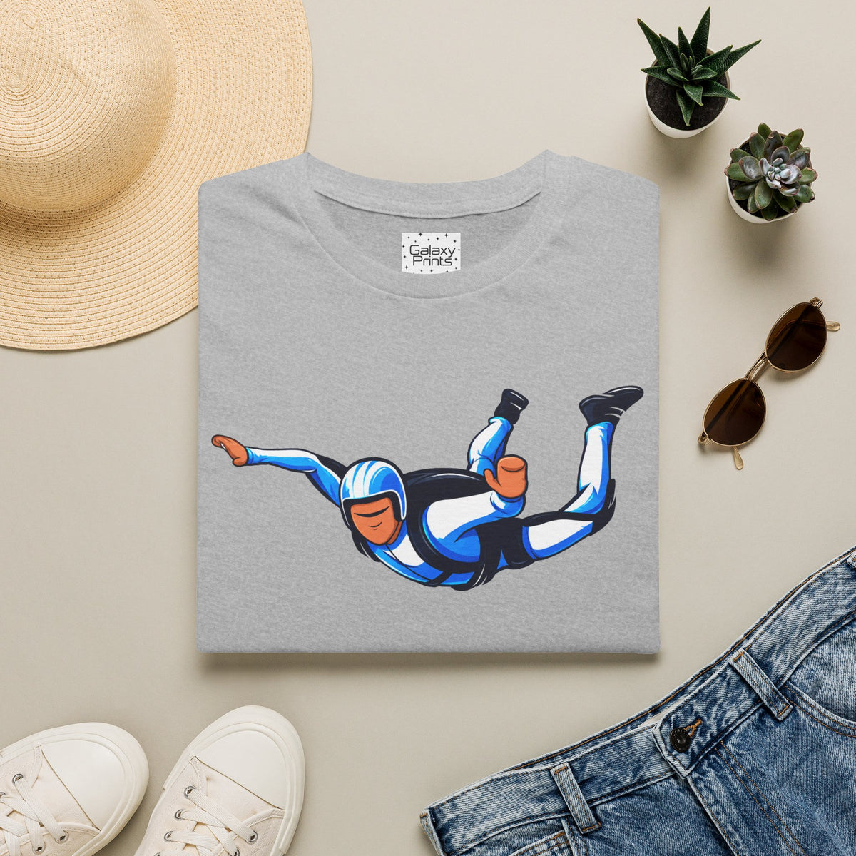 Skydiver Graphic T-Shirt — Blue Wingsuit Freefall Tee - I Survived on the back