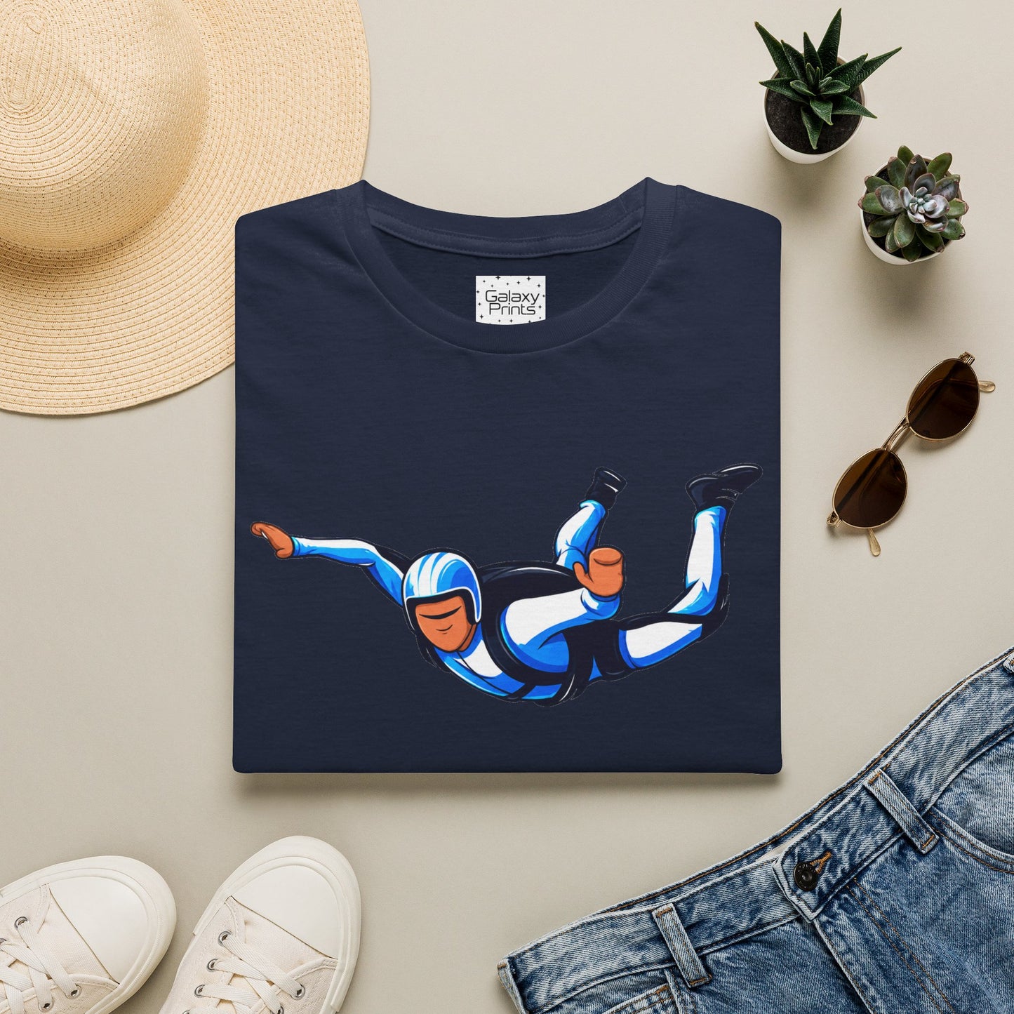 Skydiver Graphic T-Shirt — Blue Freefall Parachute Design