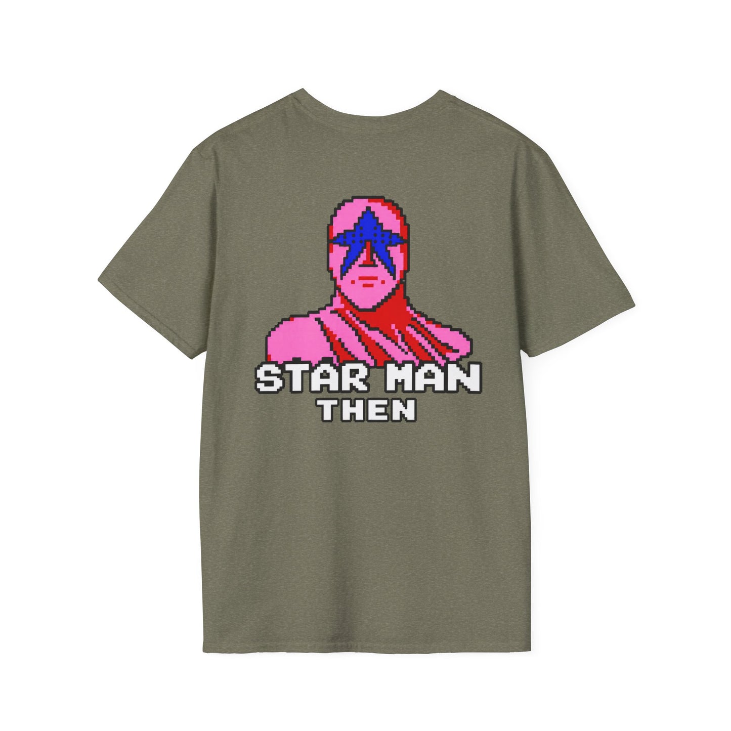 STAR MAN Nin Wrestling video game "NOW" and "THEN" T-Shirt — Retro Pop Hero Graphic Tee - Nin Wrestler STAR MAN video game - Current Culture