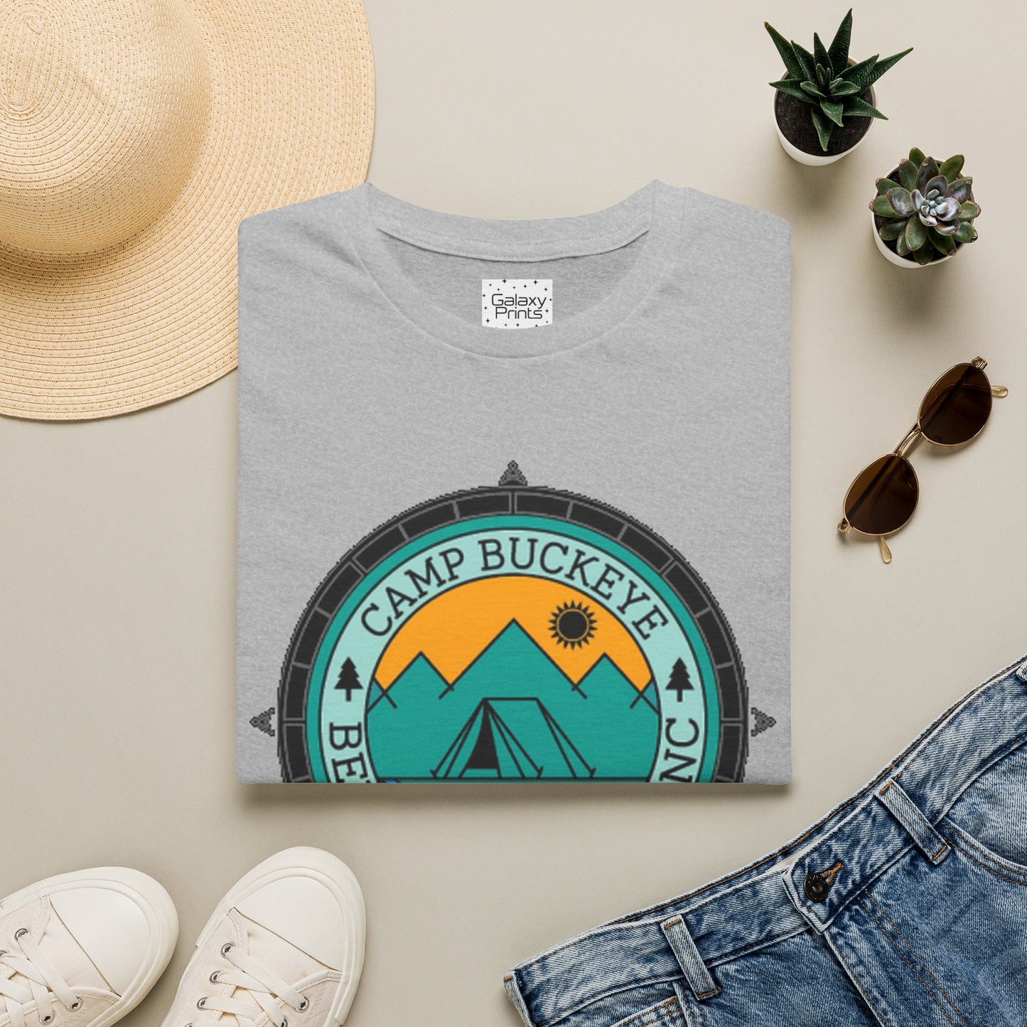 Camp Buckeye Beach Mountains T-Shirt — Vintage Outdoor Camping Badge Tee