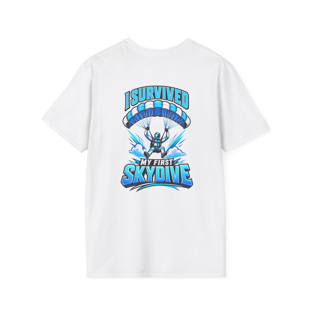 Skydiver Graphic T-Shirt — Blue Wingsuit Freefall Tee - I Survived on the back