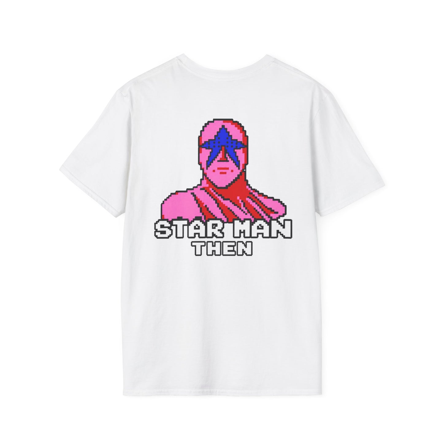 STAR MAN Nin Wrestling video game "NOW" and "THEN" T-Shirt — Retro Pop Hero Graphic Tee - Nin Wrestler STAR MAN video game - Current Culture