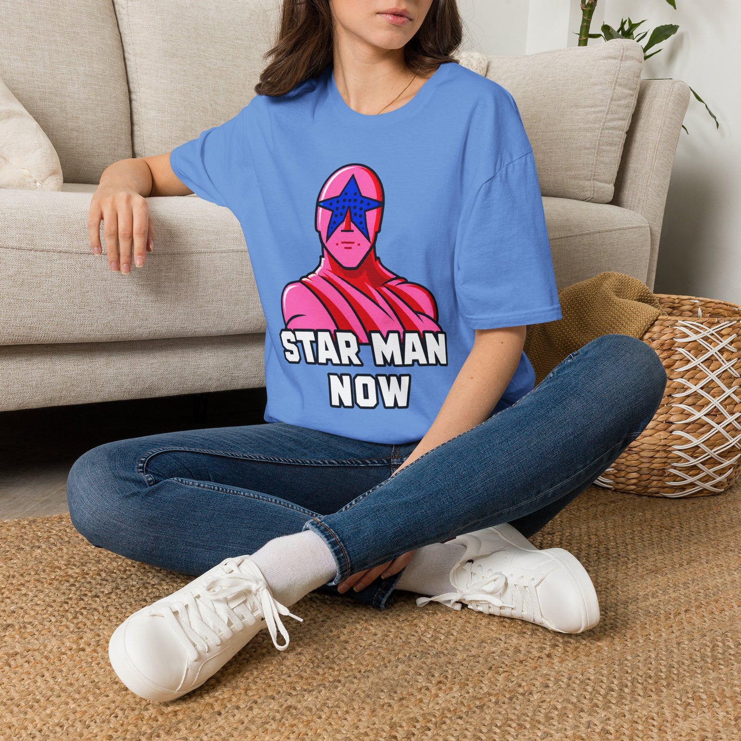 STAR MAN Nin Wrestling video game "NOW" and "THEN" T-Shirt — Retro Pop Hero Graphic Tee - Nin Wrestler STAR MAN video game - Current Culture