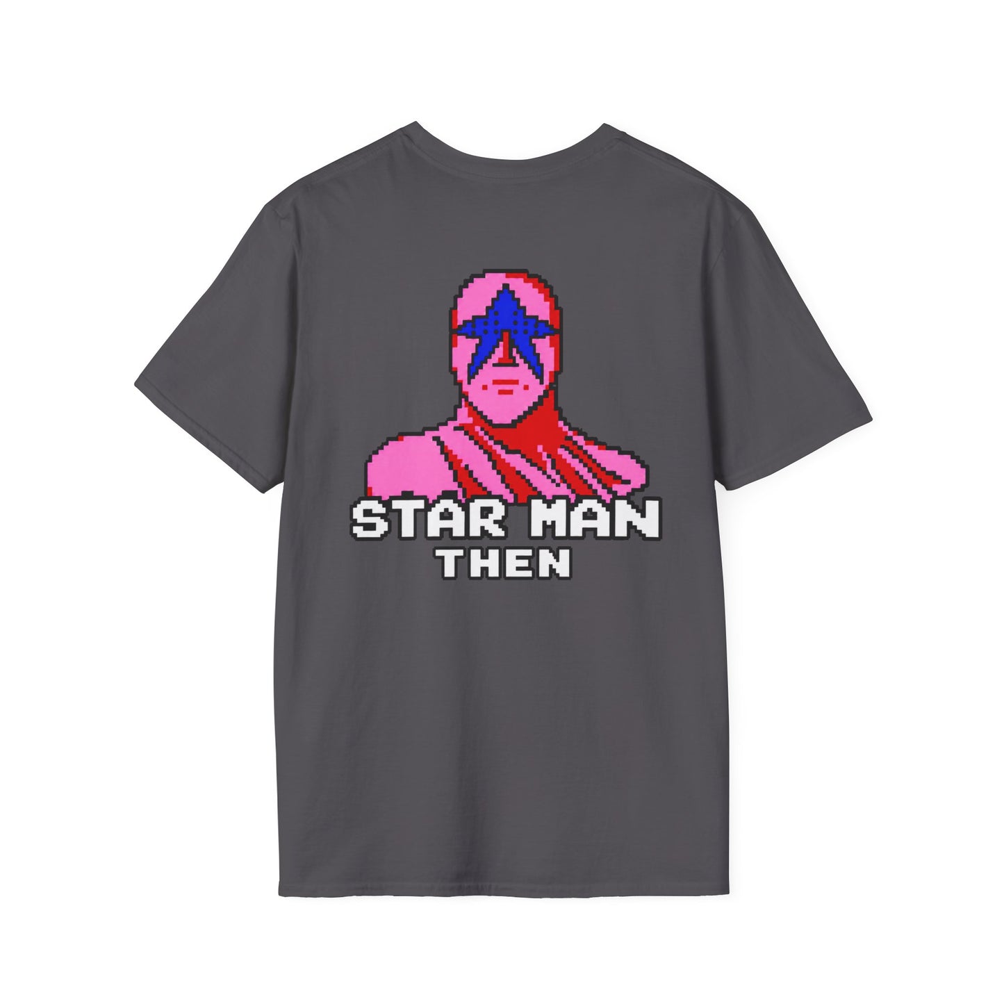STAR MAN Nin Wrestling video game "NOW" and "THEN" T-Shirt — Retro Pop Hero Graphic Tee - Nin Wrestler STAR MAN video game - Current Culture