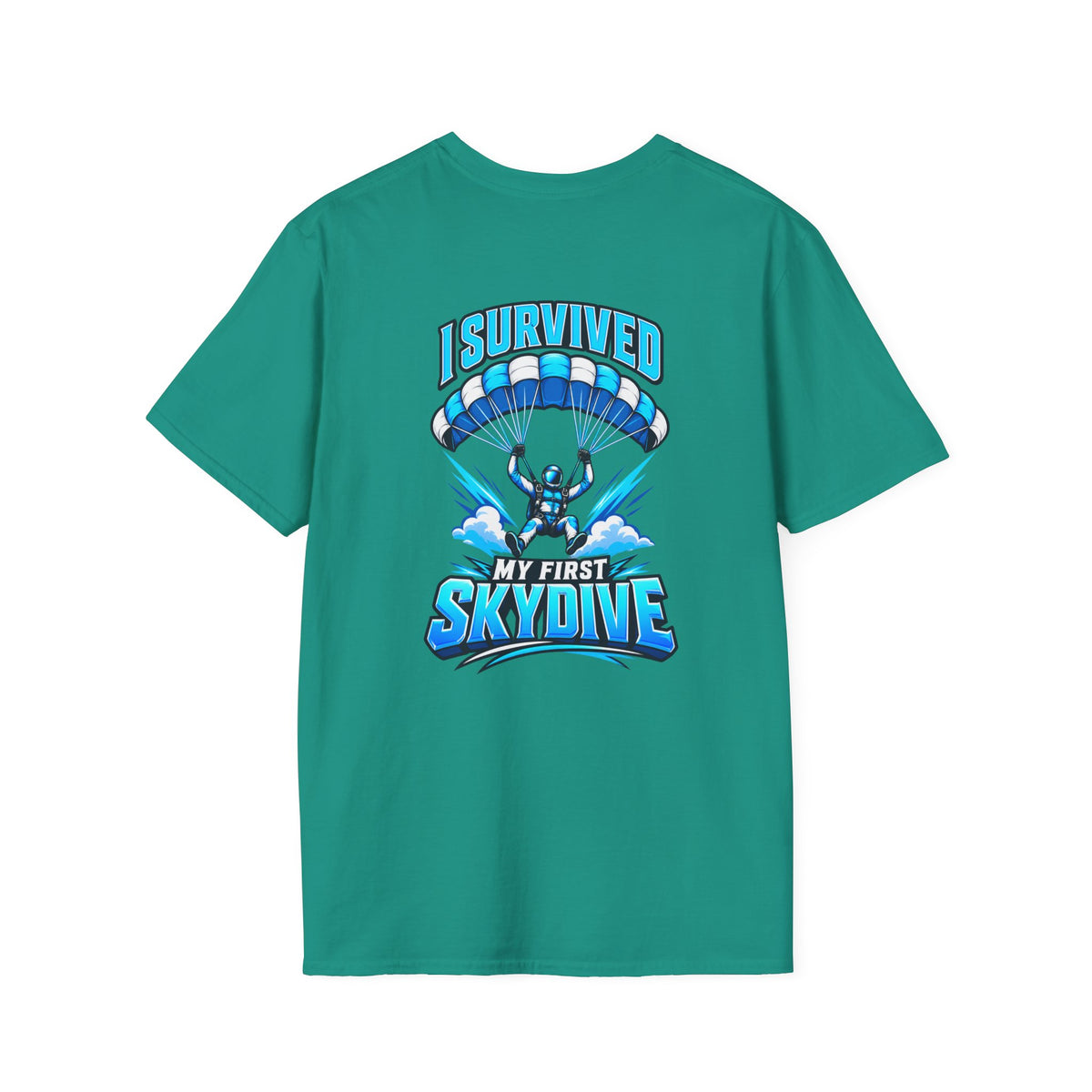 Skydiver Graphic T-Shirt — Blue Wingsuit Freefall Tee - I Survived on the back