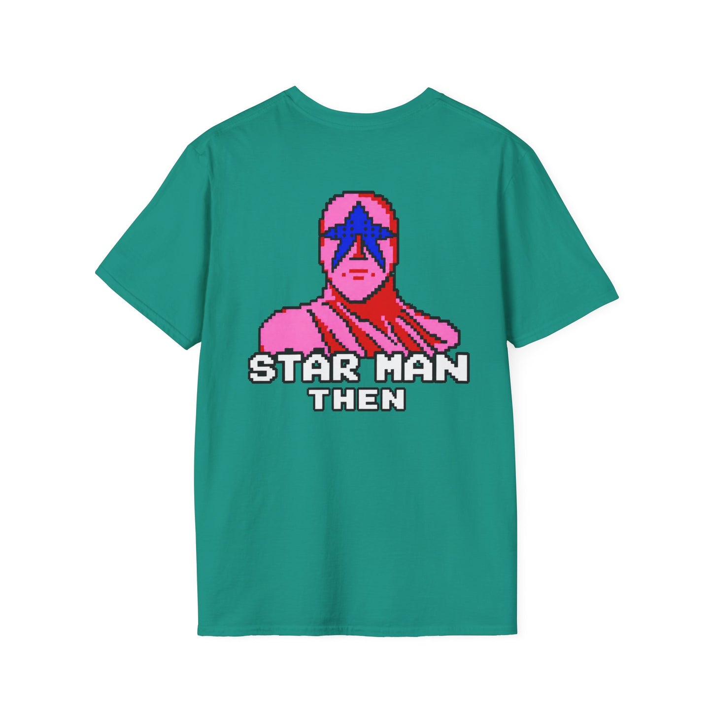 STAR MAN Nin Wrestling video game "NOW" and "THEN" T-Shirt — Retro Pop Hero Graphic Tee - Nin Wrestler STAR MAN video game - Current Culture