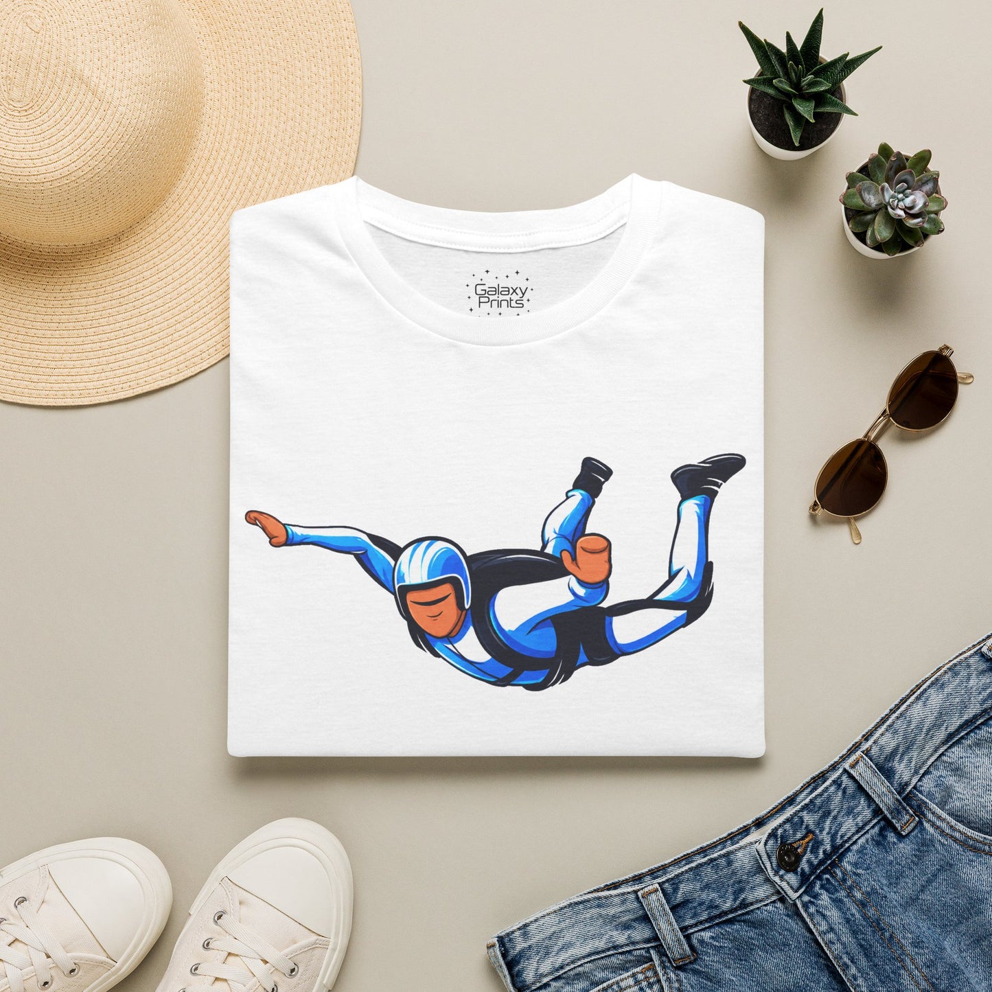 Skydiver Graphic T-Shirt — Blue Freefall Parachute Design