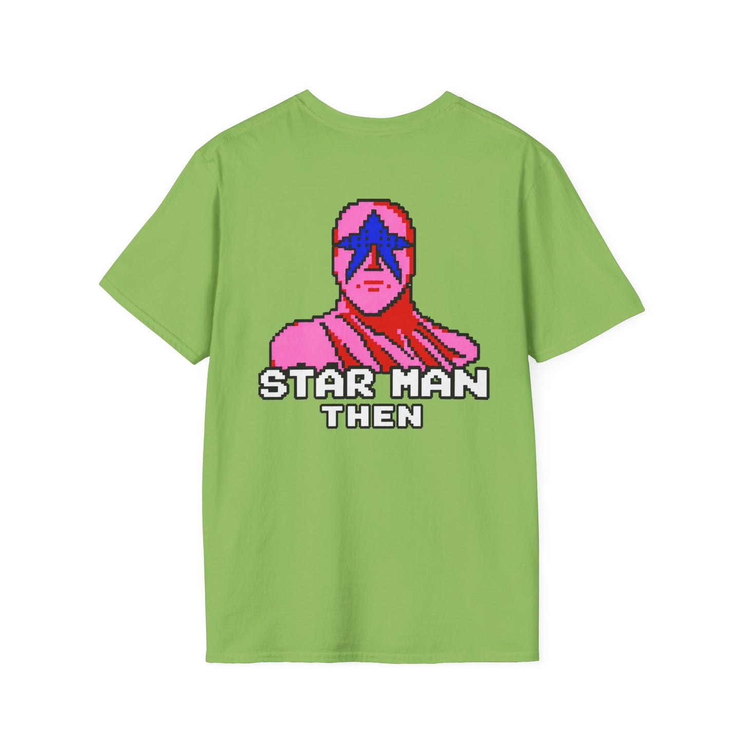 STAR MAN Nin Wrestling video game "NOW" and "THEN" T-Shirt — Retro Pop Hero Graphic Tee - Nin Wrestler STAR MAN video game - Current Culture