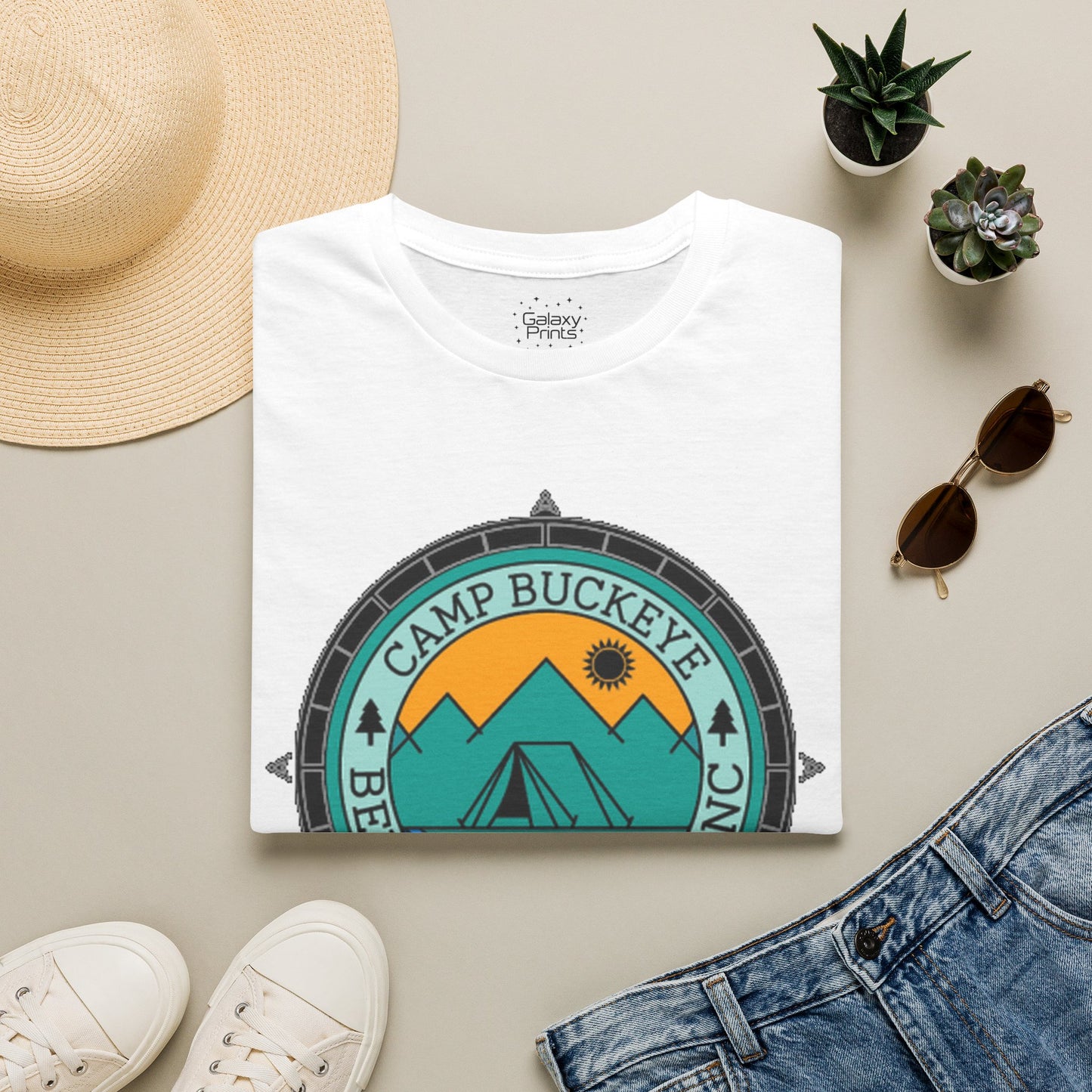 Camp Buckeye Beach Mountains T-Shirt — Vintage Outdoor Camping Badge Tee