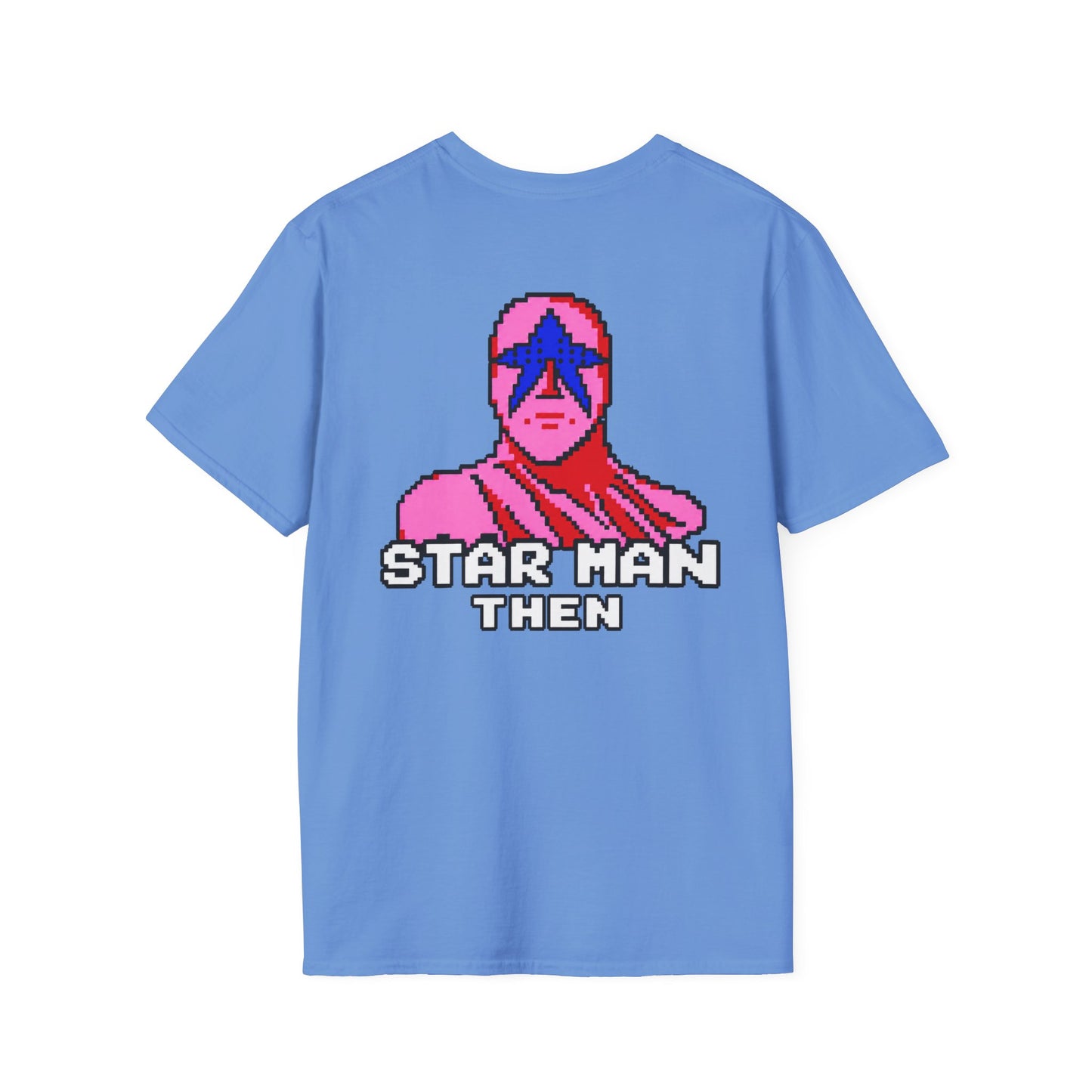 STAR MAN Nin Wrestling video game "NOW" and "THEN" T-Shirt — Retro Pop Hero Graphic Tee - Nin Wrestler STAR MAN video game - Current Culture