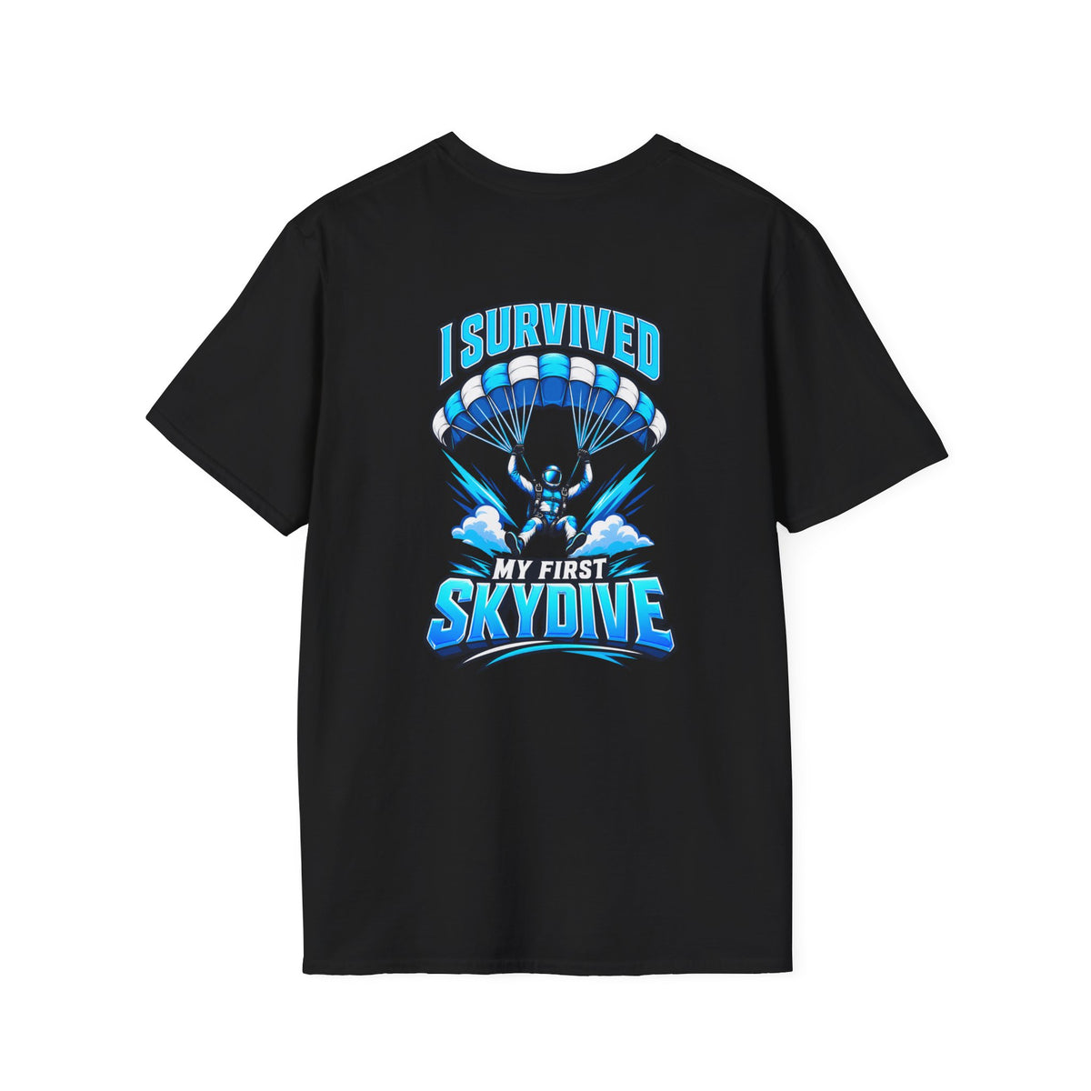Skydiver Graphic T-Shirt — Blue Wingsuit Freefall Tee - I Survived on the back