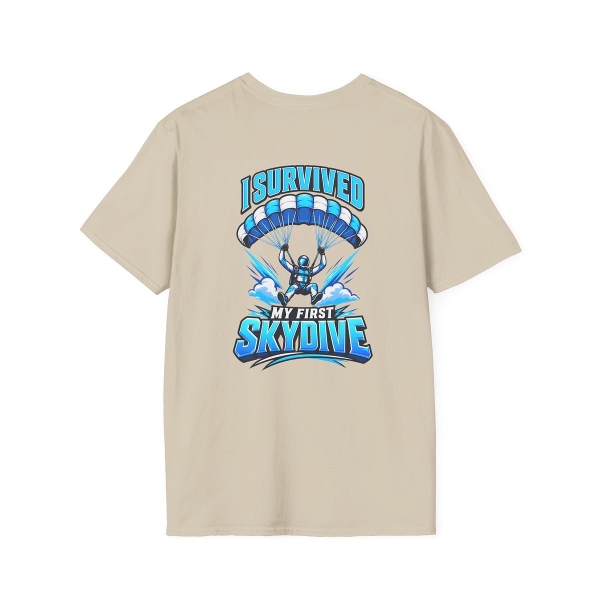 Skydiver Graphic T-Shirt — Blue Wingsuit Freefall Tee - I Survived on the back