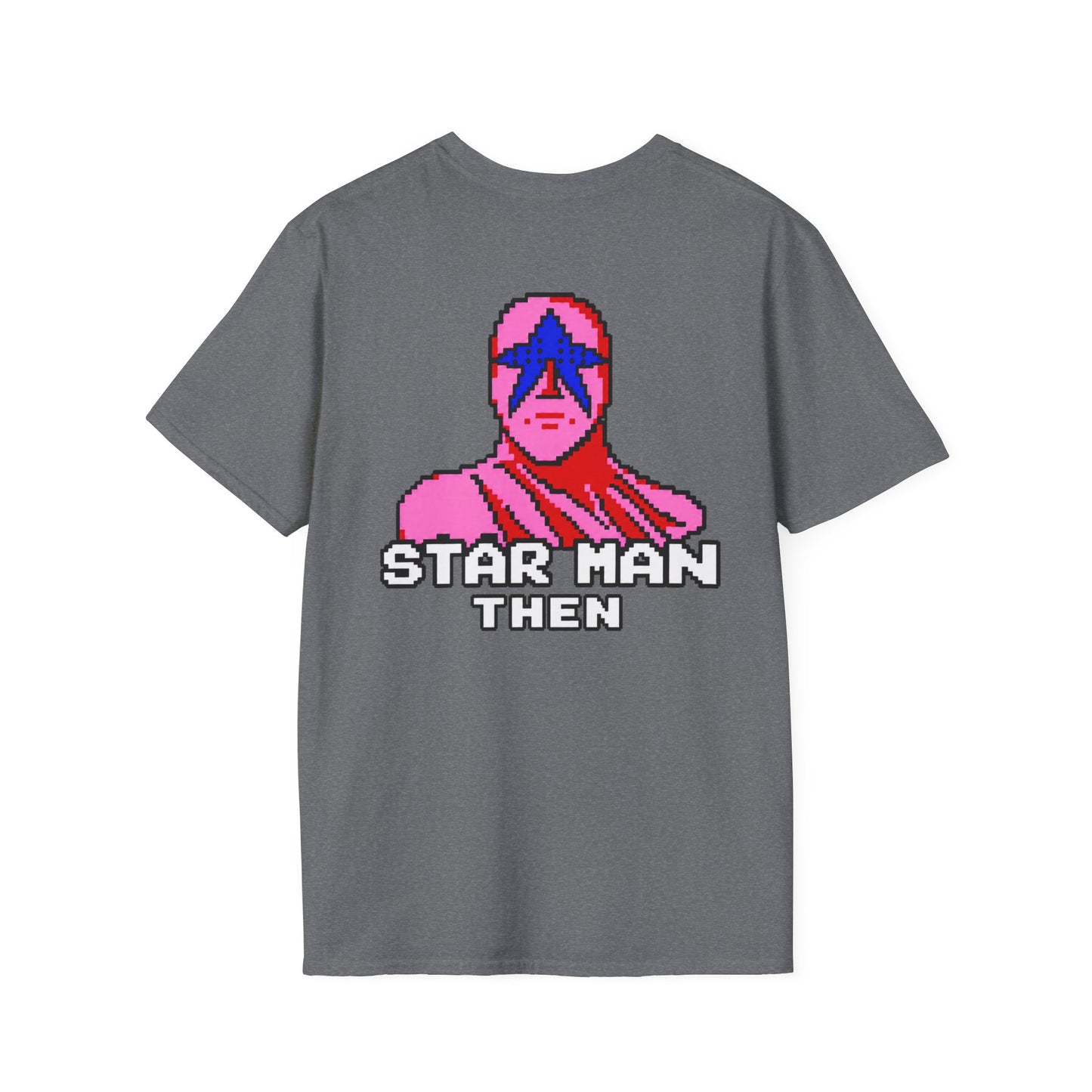 STAR MAN Nin Wrestling video game "NOW" and "THEN" T-Shirt — Retro Pop Hero Graphic Tee - Nin Wrestler STAR MAN video game - Current Culture