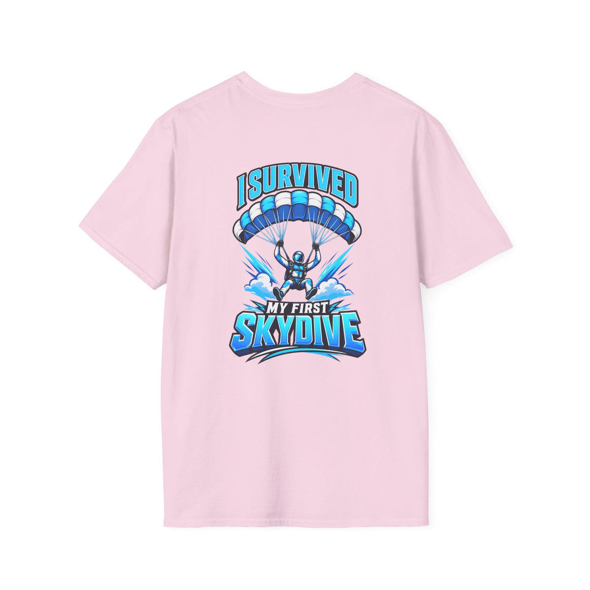 Skydiver Graphic T-Shirt — Blue Wingsuit Freefall Tee - I Survived on the back