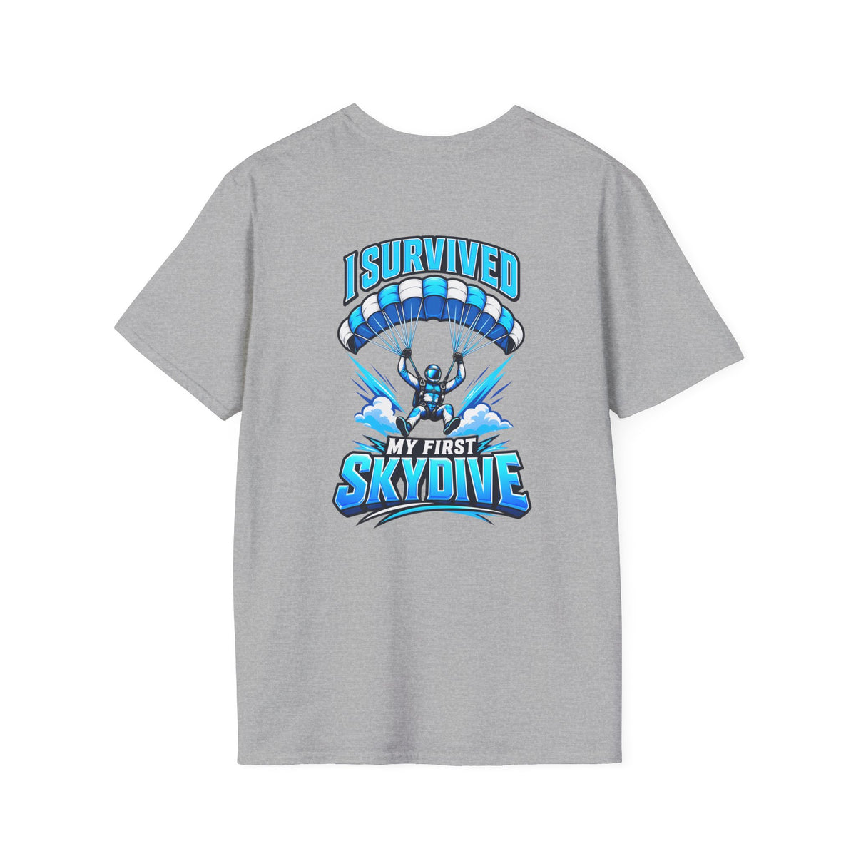 Skydiver Graphic T-Shirt — Blue Wingsuit Freefall Tee - I Survived on the back