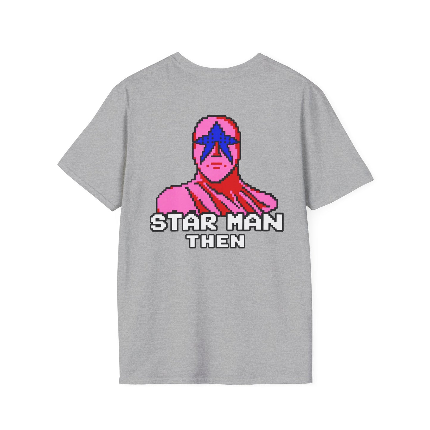 STAR MAN Nin Wrestling video game "NOW" and "THEN" T-Shirt — Retro Pop Hero Graphic Tee - Nin Wrestler STAR MAN video game - Current Culture