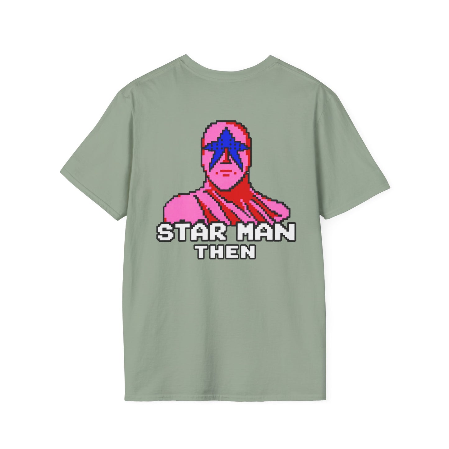 STAR MAN Nin Wrestling video game "NOW" and "THEN" T-Shirt — Retro Pop Hero Graphic Tee - Nin Wrestler STAR MAN video game - Current Culture
