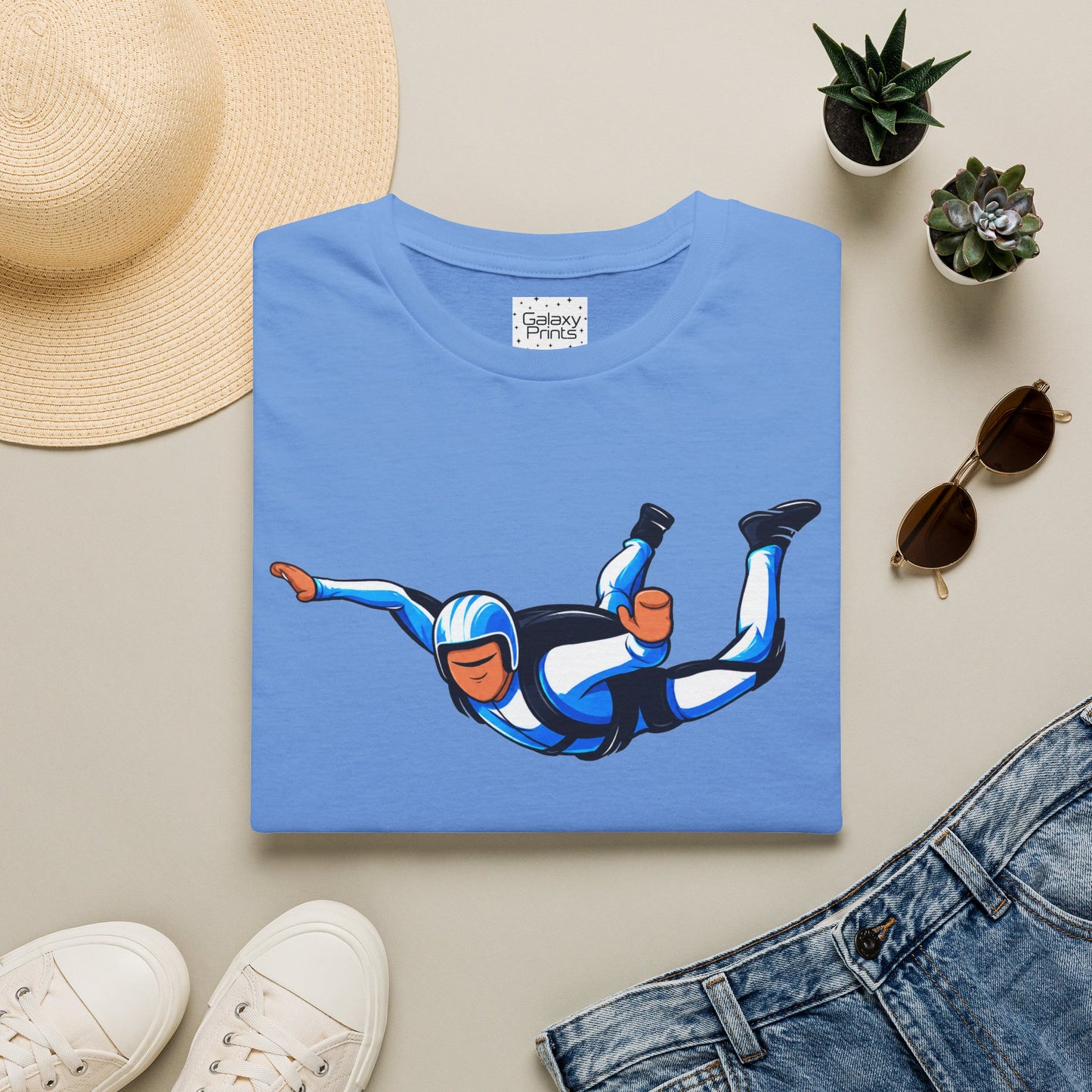 Skydiver Graphic T-Shirt — Blue Freefall Parachute Design