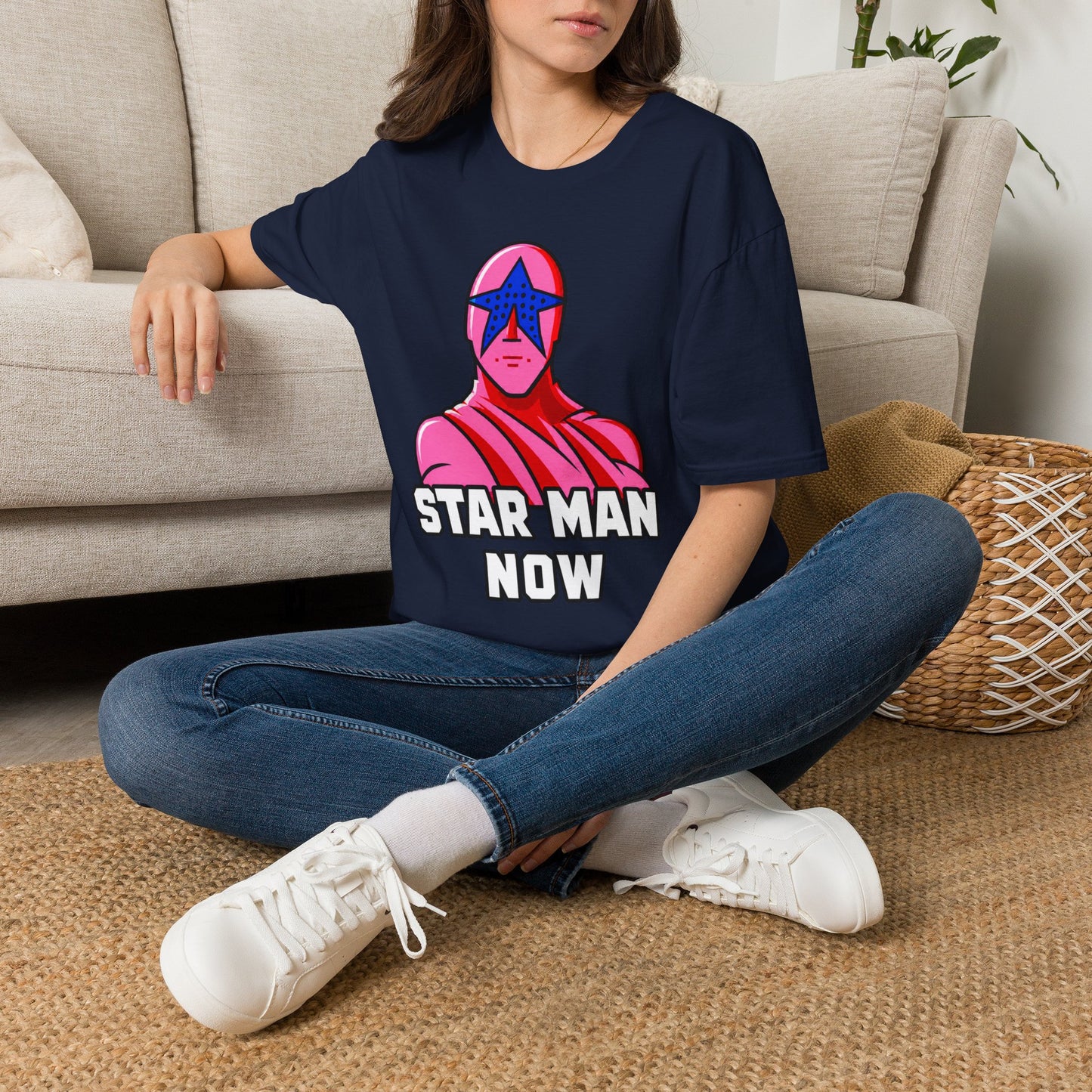 STAR MAN Nin Wrestling video game "NOW" and "THEN" T-Shirt — Retro Pop Hero Graphic Tee - Nin Wrestler STAR MAN video game - Current Culture