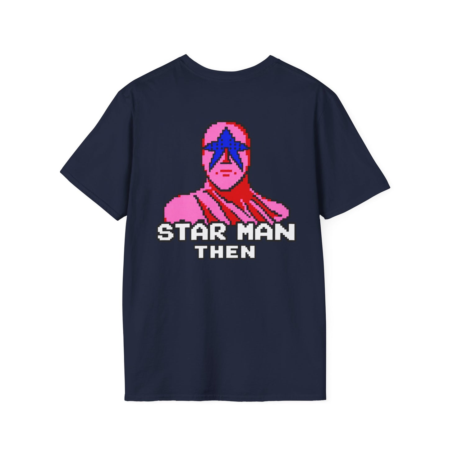 STAR MAN Nin Wrestling video game "NOW" and "THEN" T-Shirt — Retro Pop Hero Graphic Tee - Nin Wrestler STAR MAN video game - Current Culture