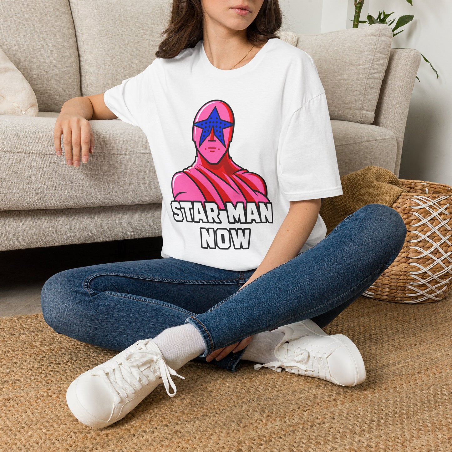 STAR MAN Nin Wrestling video game "NOW" and "THEN" T-Shirt — Retro Pop Hero Graphic Tee - Nin Wrestler STAR MAN video game - Current Culture