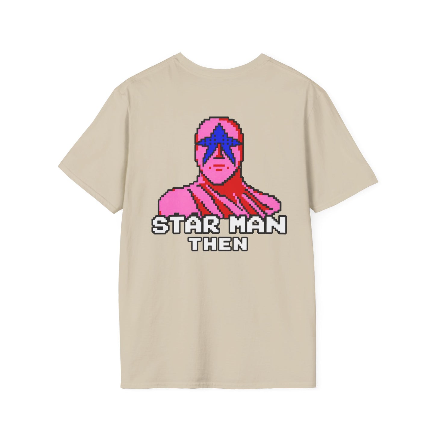 STAR MAN Nin Wrestling video game "NOW" and "THEN" T-Shirt — Retro Pop Hero Graphic Tee - Nin Wrestler STAR MAN video game - Current Culture