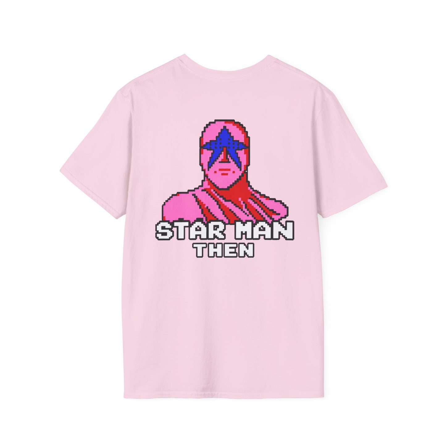 STAR MAN Nin Wrestling video game "NOW" and "THEN" T-Shirt — Retro Pop Hero Graphic Tee - Nin Wrestler STAR MAN video game - Current Culture