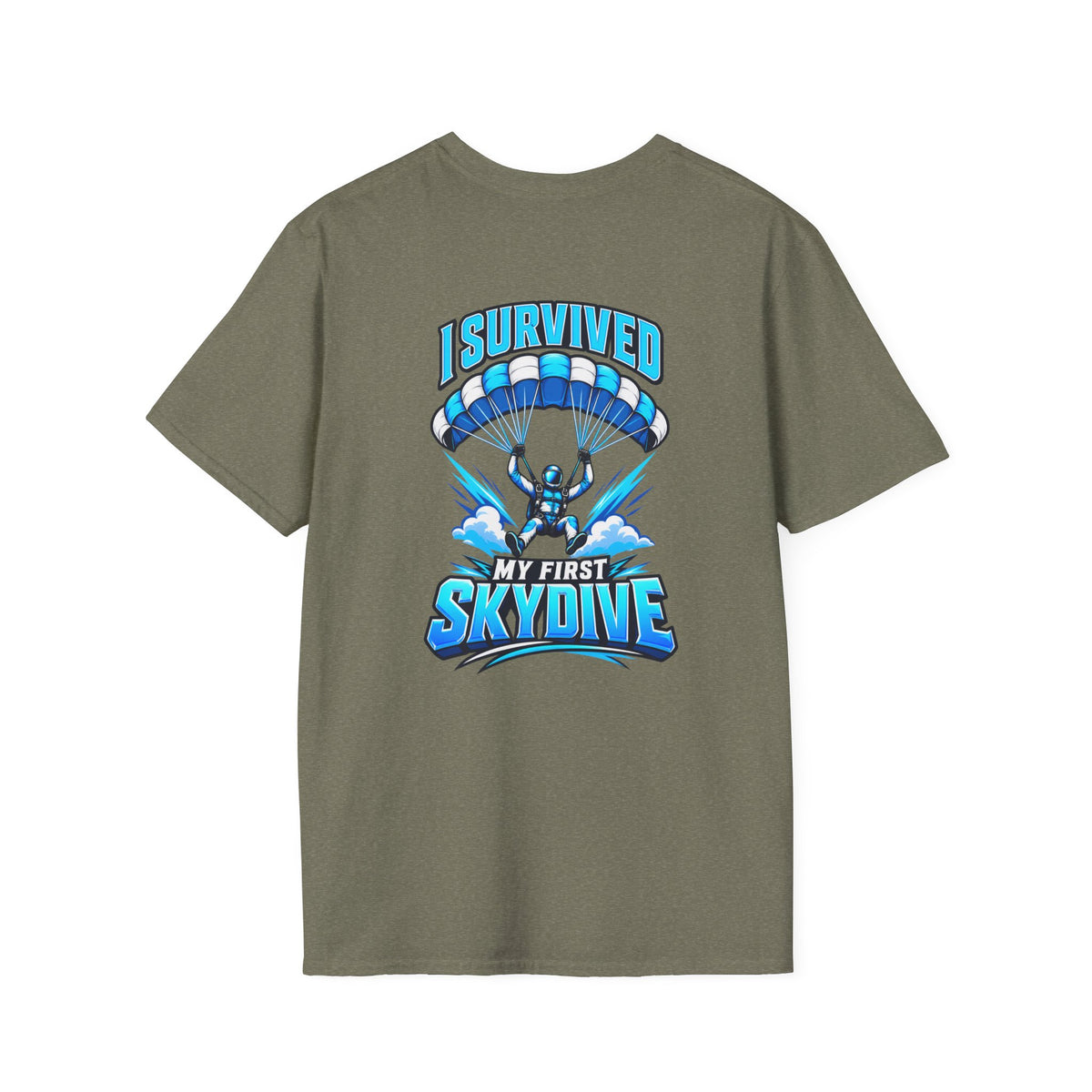 Skydiver Graphic T-Shirt — Blue Wingsuit Freefall Tee - I Survived on the back