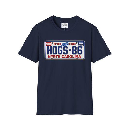 North Carolina 'HOGS 86' License Plate T-Shirt – Vintage State Pride Tee - Hoggard Viking on the back- Retro