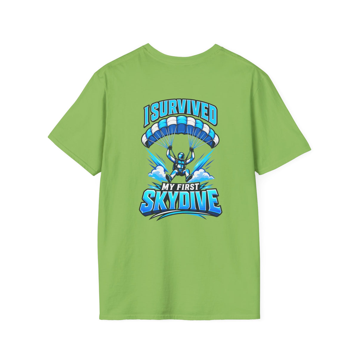 Skydiver Graphic T-Shirt — Blue Wingsuit Freefall Tee - I Survived on the back