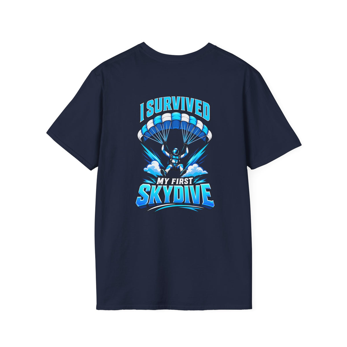 Skydiver Graphic T-Shirt — Blue Wingsuit Freefall Tee - I Survived on the back