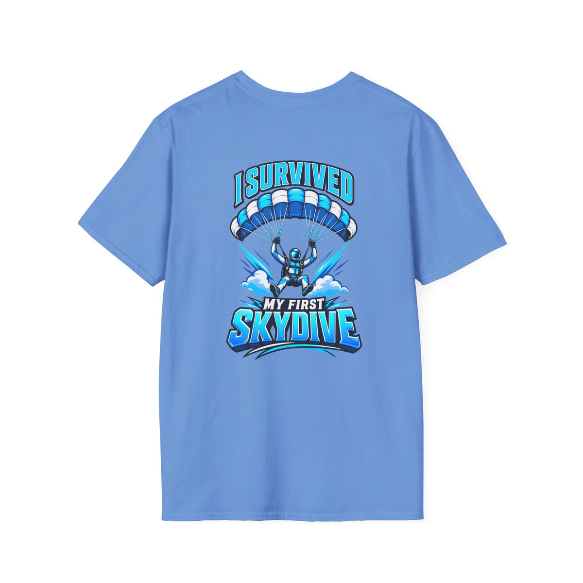 Skydiver Graphic T-Shirt — Blue Wingsuit Freefall Tee - I Survived on the back