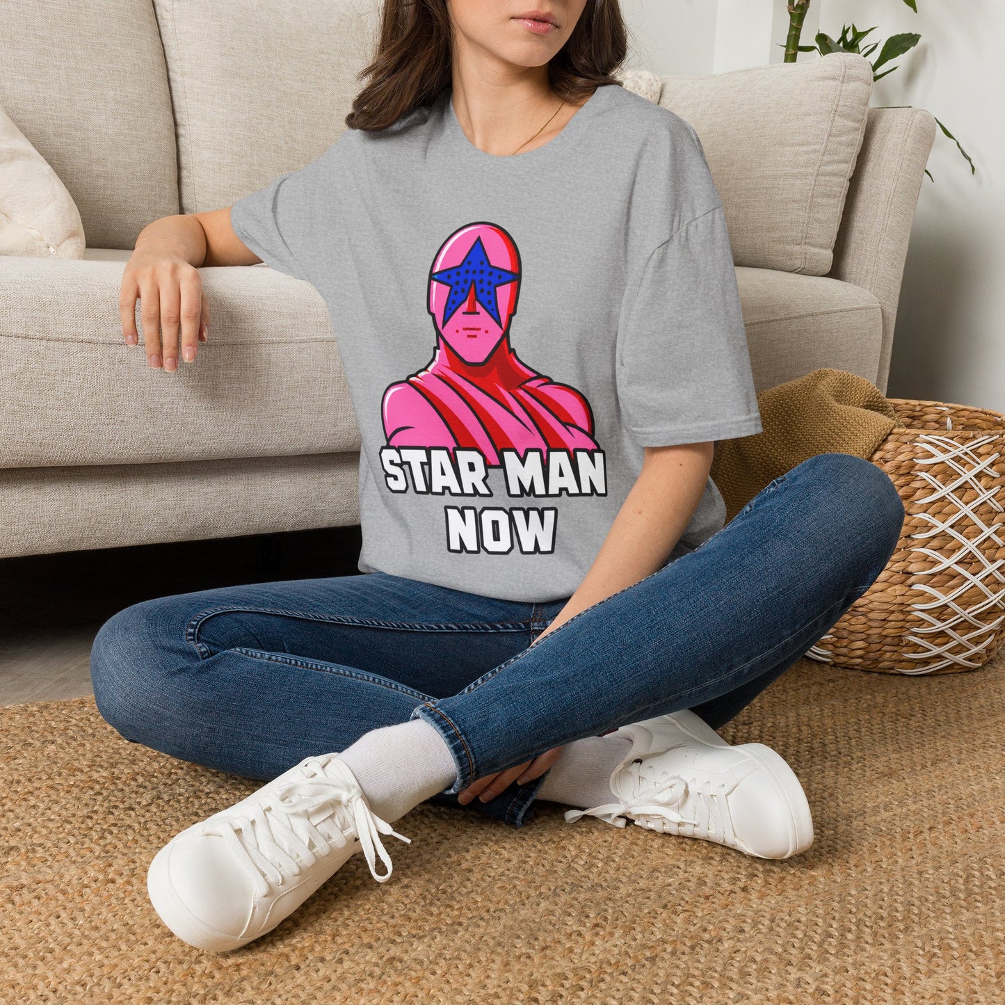 STAR MAN Nin Wrestling video game "NOW" and "THEN" T-Shirt — Retro Pop Hero Graphic Tee - Nin Wrestler STAR MAN video game - Current Culture